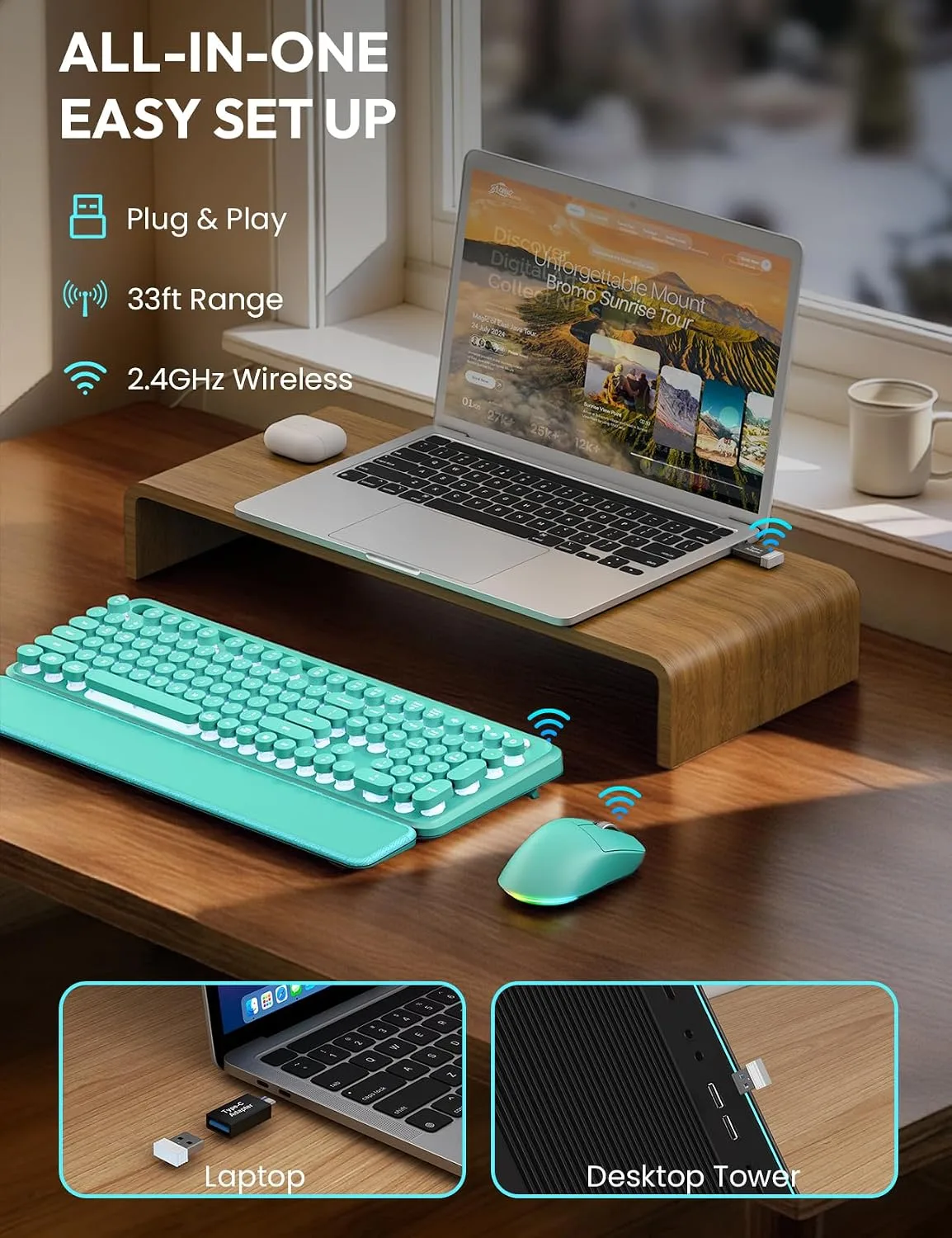 Wireless Keyboard and Mouse, Backlit Typewriter with Magnetic Wrist Rest