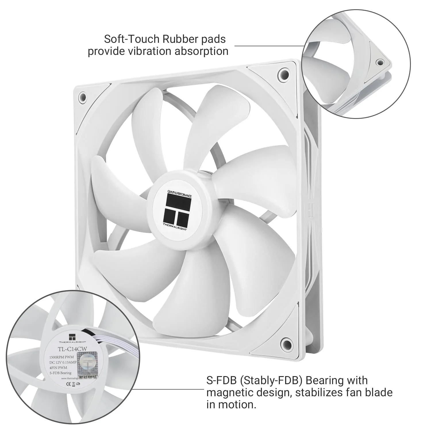 Thermalright TL-C14CW CPU Case Fan 140mm, PWM Fan Silent Computer CPU Fan with 1500RPM Speed, CPU Cooling White （TL-C14CW