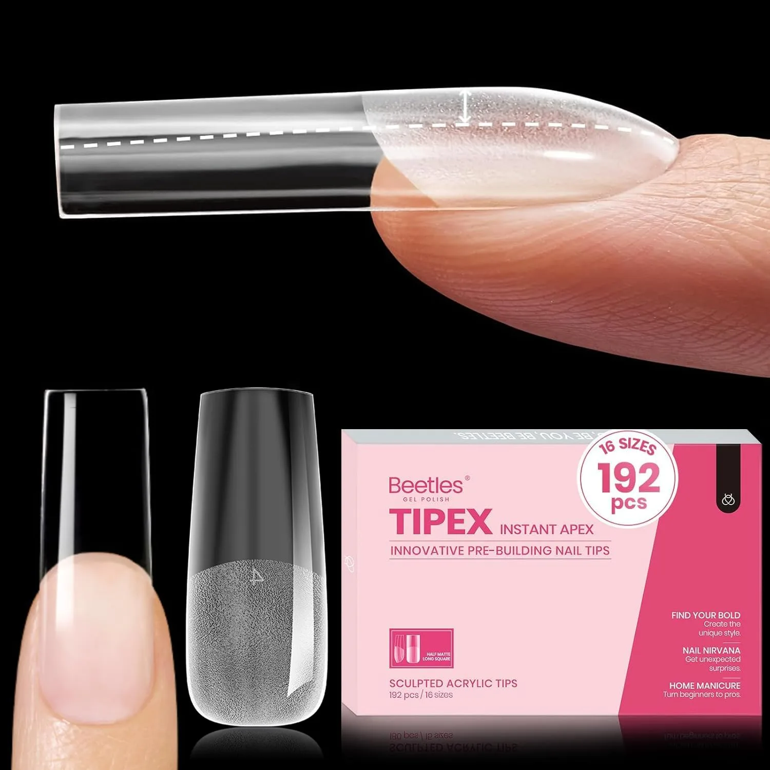 Beetles Tipex Instant Apex Nail Tips, Long Square, 192pcs 16 Sizes(00-14)