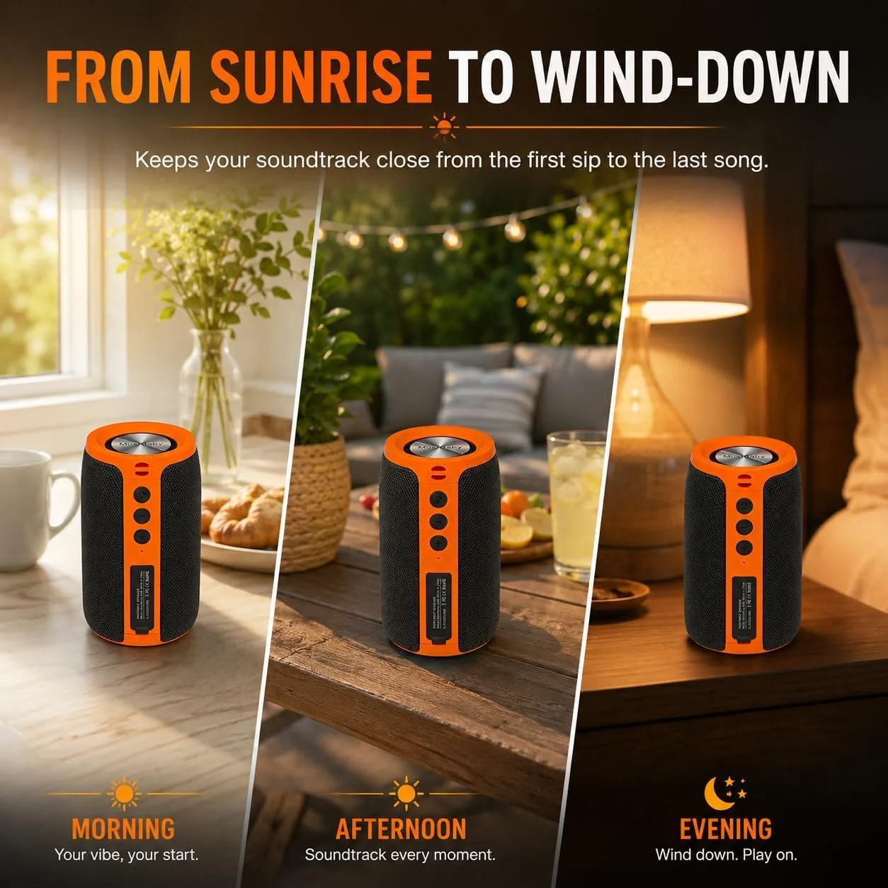 Musibaby M68 Bluetooth Speaker, 12W, IPX5, 24H Playtime, OrangeBlack