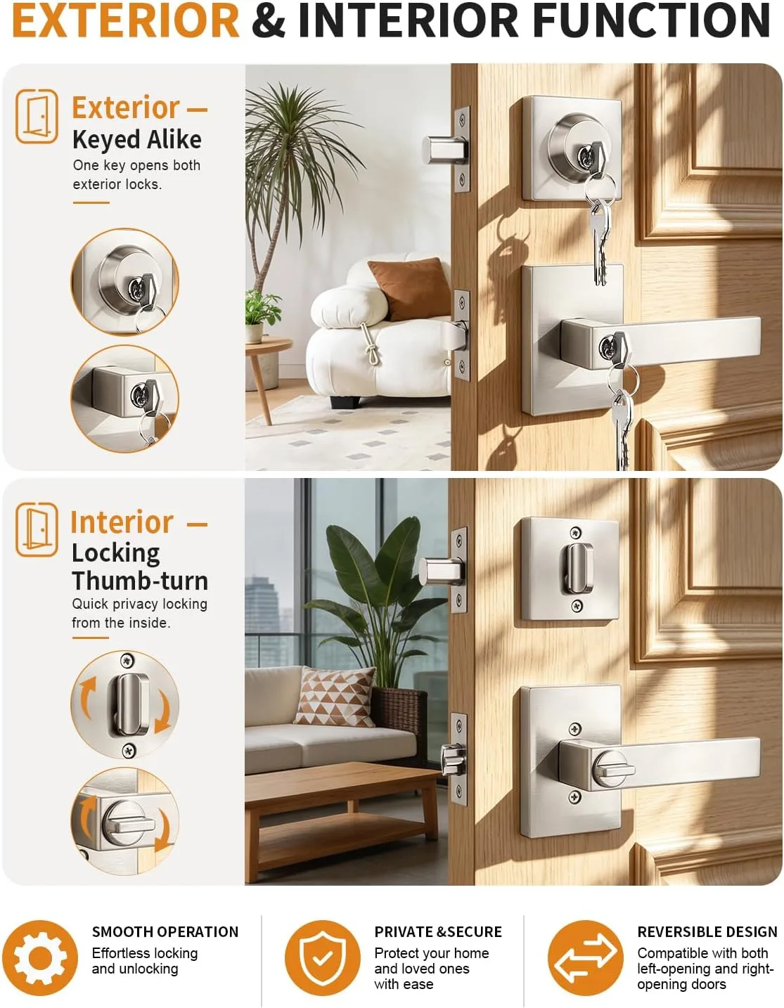 Probrico Square Front Door Lock Set Exterior 2 Pack, Entry Door Handles and Single Cylinder Deadbolts Same Keys, Door Locksets Reversible for Right and Left in Brushed Nickel Finish