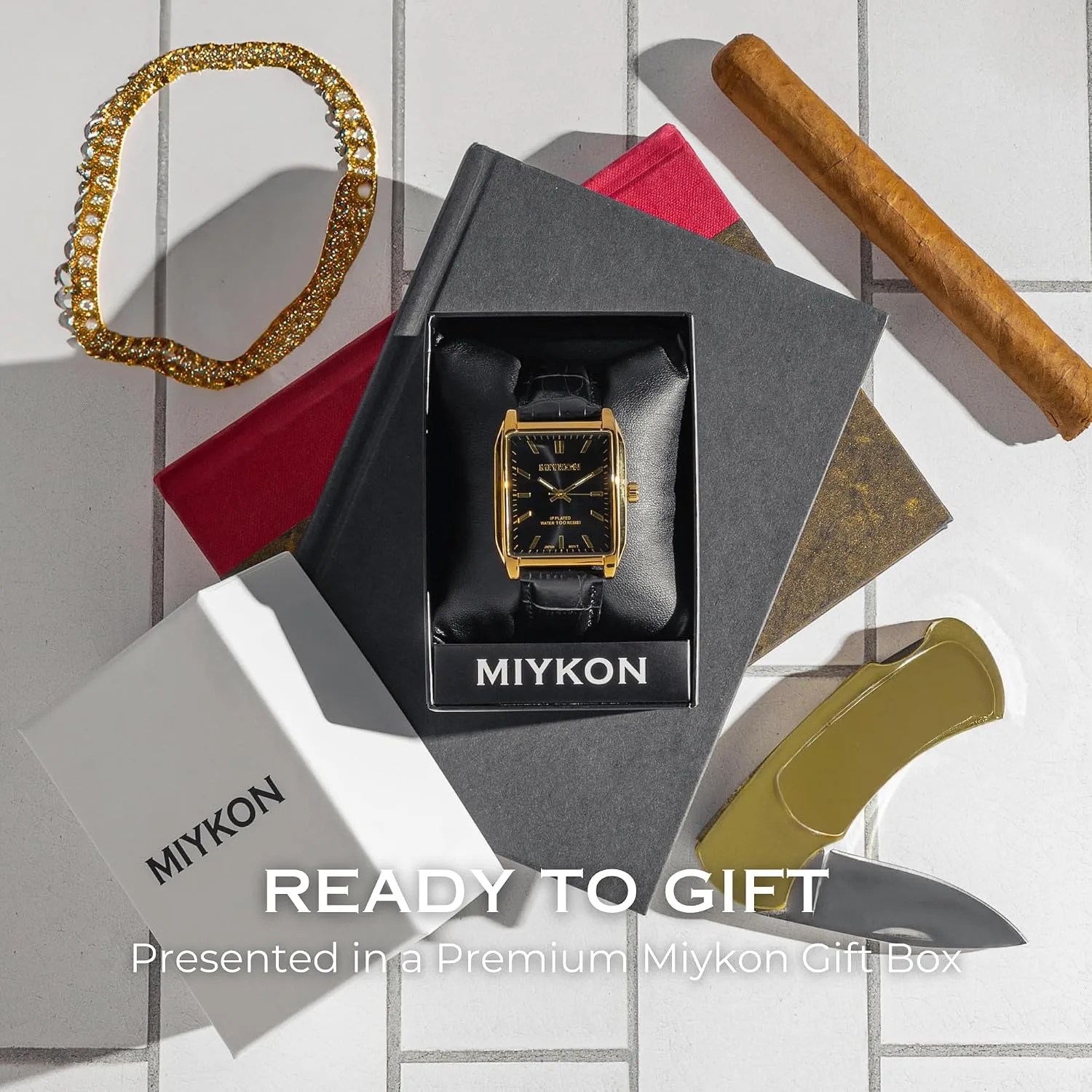 Miykon Men Vintage Tank Dress Watch, Genuine Leather Strap, Water Resistant