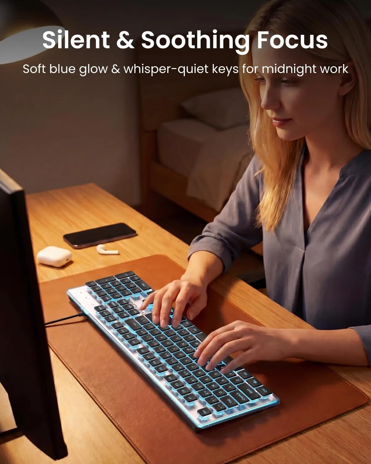 Wired Keyboard with Blue Backlit, Never Fade, Soft Click Typing, Black