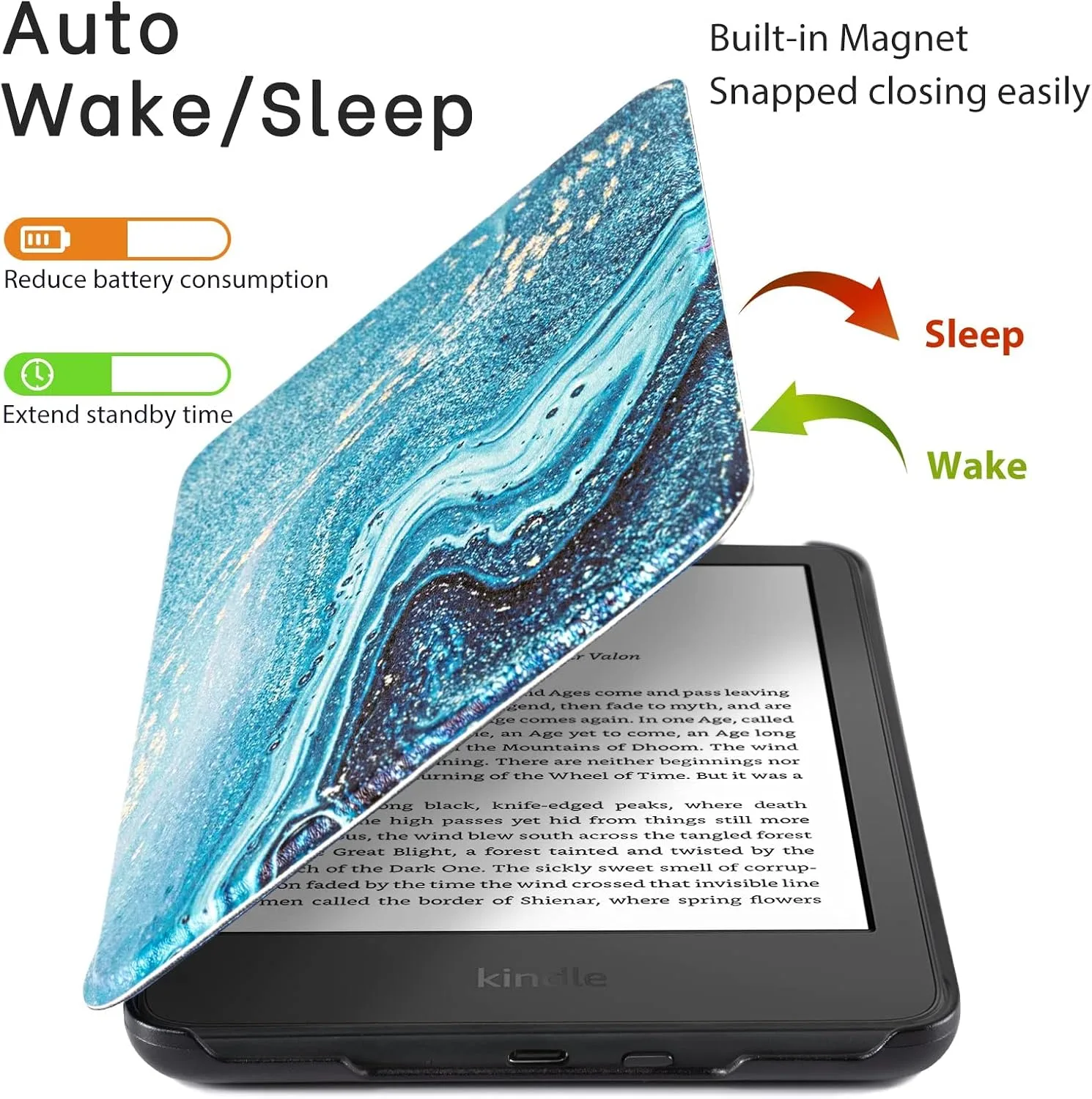 CoBak Case for All New TCL 6 Inch E-Reader 2024 and 2022 (11 Generation) - PU Leather Smart Cover, Auto Sleep and Wake,Teal Golden Flow Marble