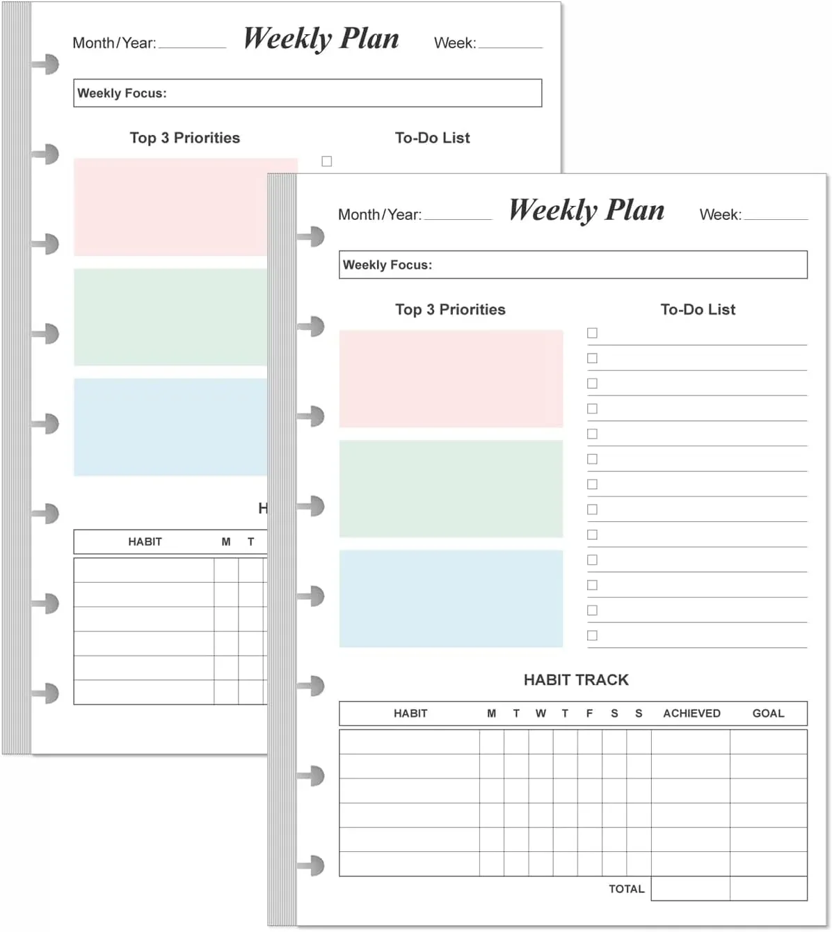 (2-Pack) Weekly Planner Undated Refills - Junior Size 106 Sheets/212 Pages Colorful Weekly Planner for 8-Disc Discbound, 100 gsm White Paper, Lasts 2 Year, Undated, 5.8" x 8.3"