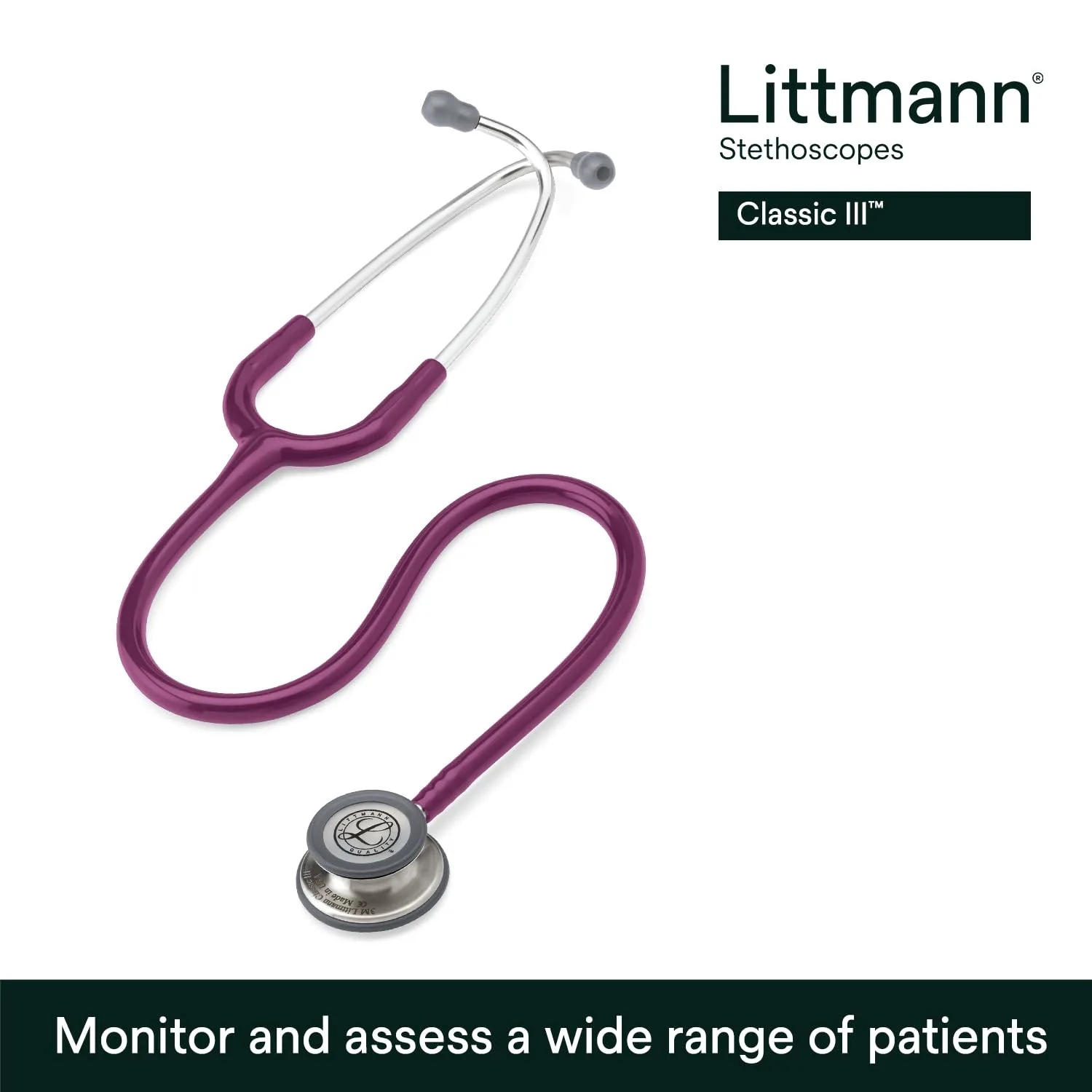 3M Littmann Classic III Monitoring Stethoscope, 5831, More Than 2X as Loud, Weighs Less, Stainless Steel Chestpiece, 27" Plum Tube