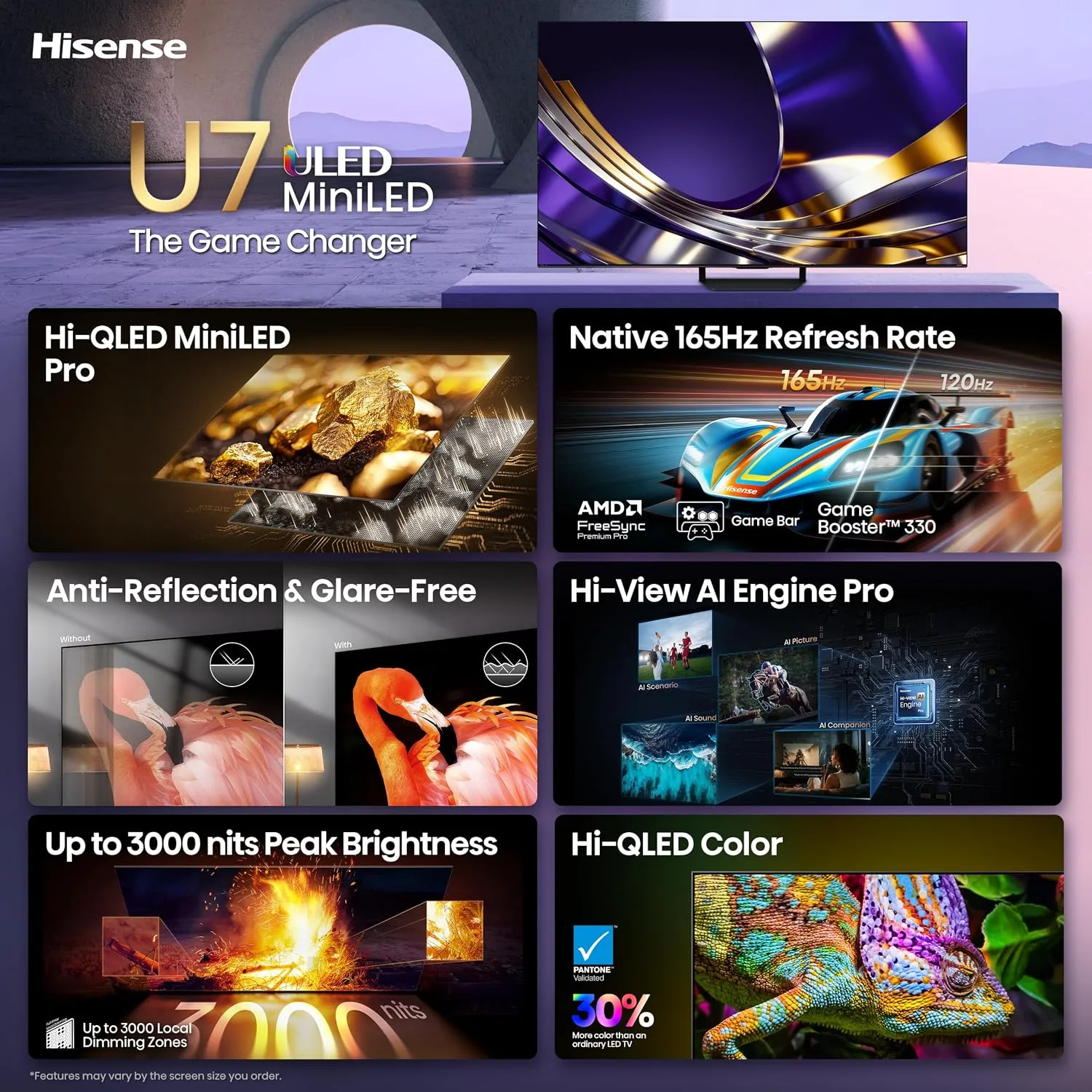 Hisense 65" U7 Mini-LED ULED 4K UHD Best Premium Gaming HDR Smart Fire TV (65U7SF, 2026 New) - Hi-QLED, Native 165Hz, VRR 330, Dolby Vision IQ · Atmos, IMAX Enhanced, Anti-Reflection, 2.1.2 Ch, Alexa+