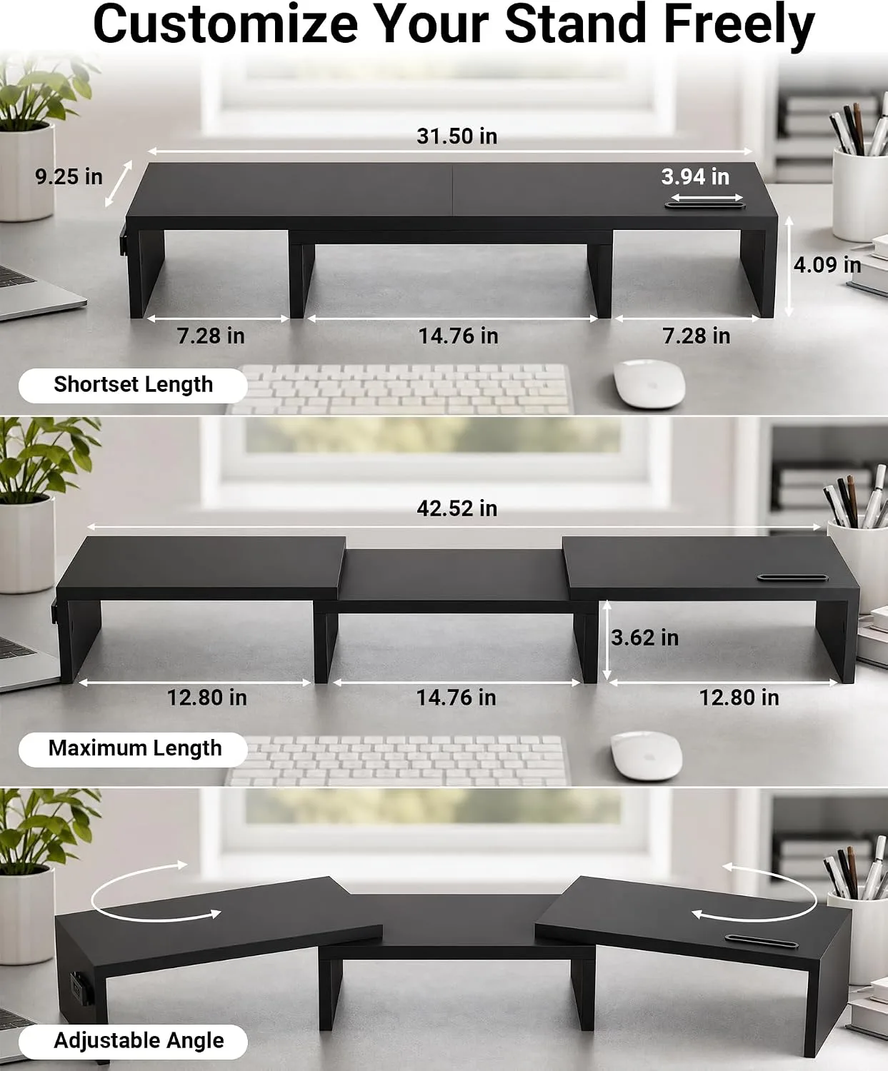 BONTEC Dual Monitor Stand Riser, Adjustable Length & Swivel Angle, Black