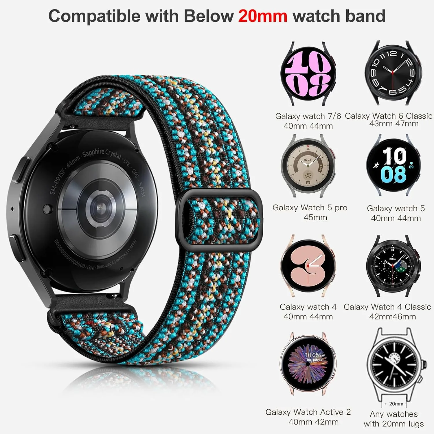 Lerobo Elastic Bands Compatible with Samsung Galaxy Watch 7 6/5 4 40mm 44mm/Watch 6 Classic 43mm 47mm/Watch 4 Classic Band 42mm 46mm/Active 2,3 Pack 20mm Soft Adjustable Nylon Breathable Sport Band