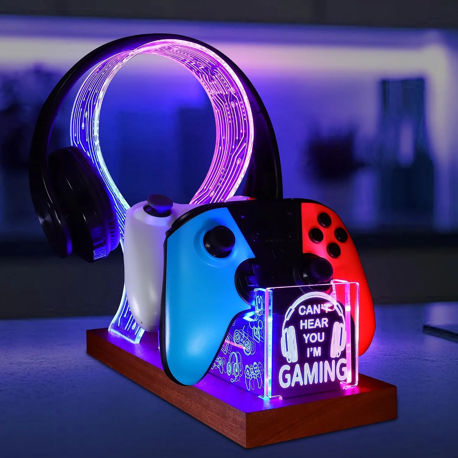 YuanDian Gamer Gifts for Teenage Boy, Can't Hear You I'm Gaming Headset and Controller Stand, Acrylic Wooden Controller Holder with Blue Pink LED Night Light, Desk Decor Gift