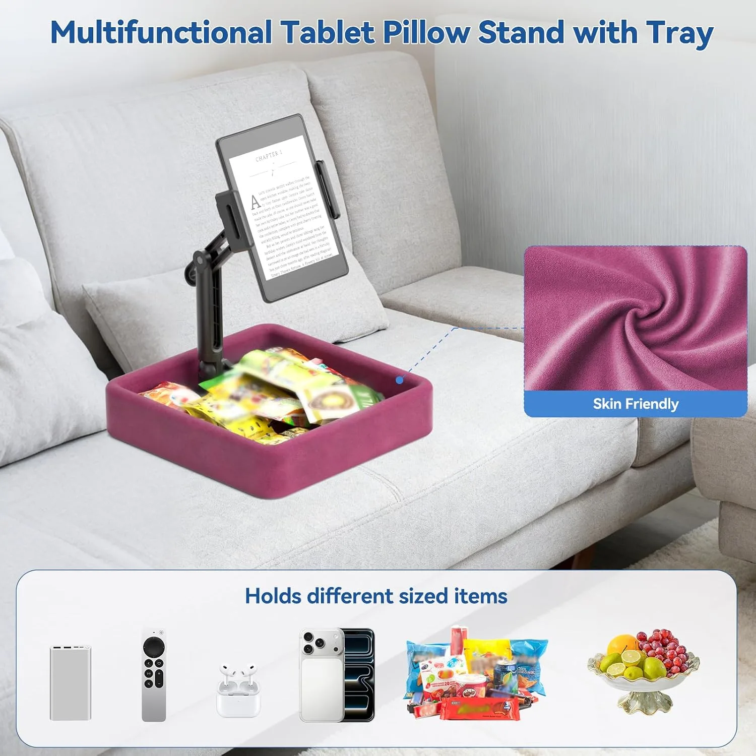KDD Tablet Pillow Stand - Multi-Angle Adjustable iPad Holder for Lap, Bed and Desk - Foldable Kindle Soft Pad Dock with Storage Tray Compatible with iPad Pro 12.9, Air Mini, Phone, E-Reader