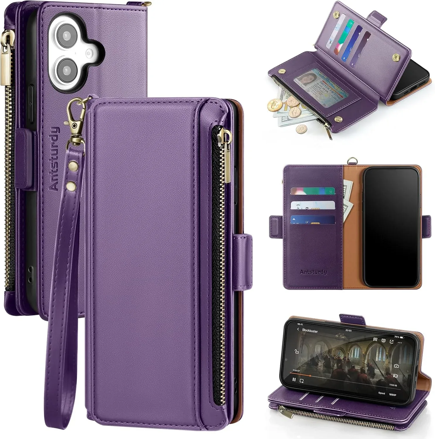 Antsturdy for iPhone 16 Phone Wallet Case Women,Purple
