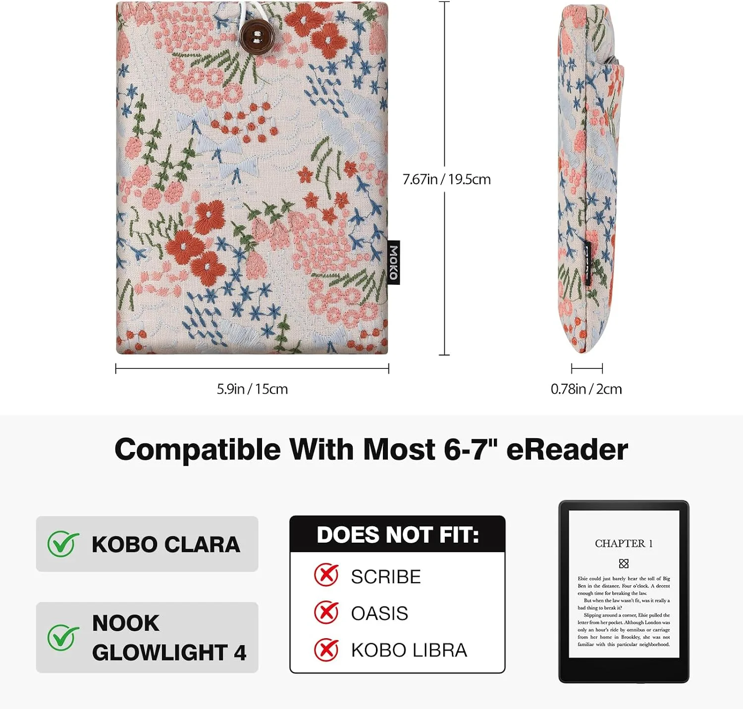MoKo 6-7 Inch Embroidered Daisy Padded E-Reader Sleeve Zippered Bag with Back Pouch for Most 6/6.8/7 inch E-Reader, 6" Nook Glowligt 4, 6" Kobo Clara BW/Clara Colour, Beige Floral