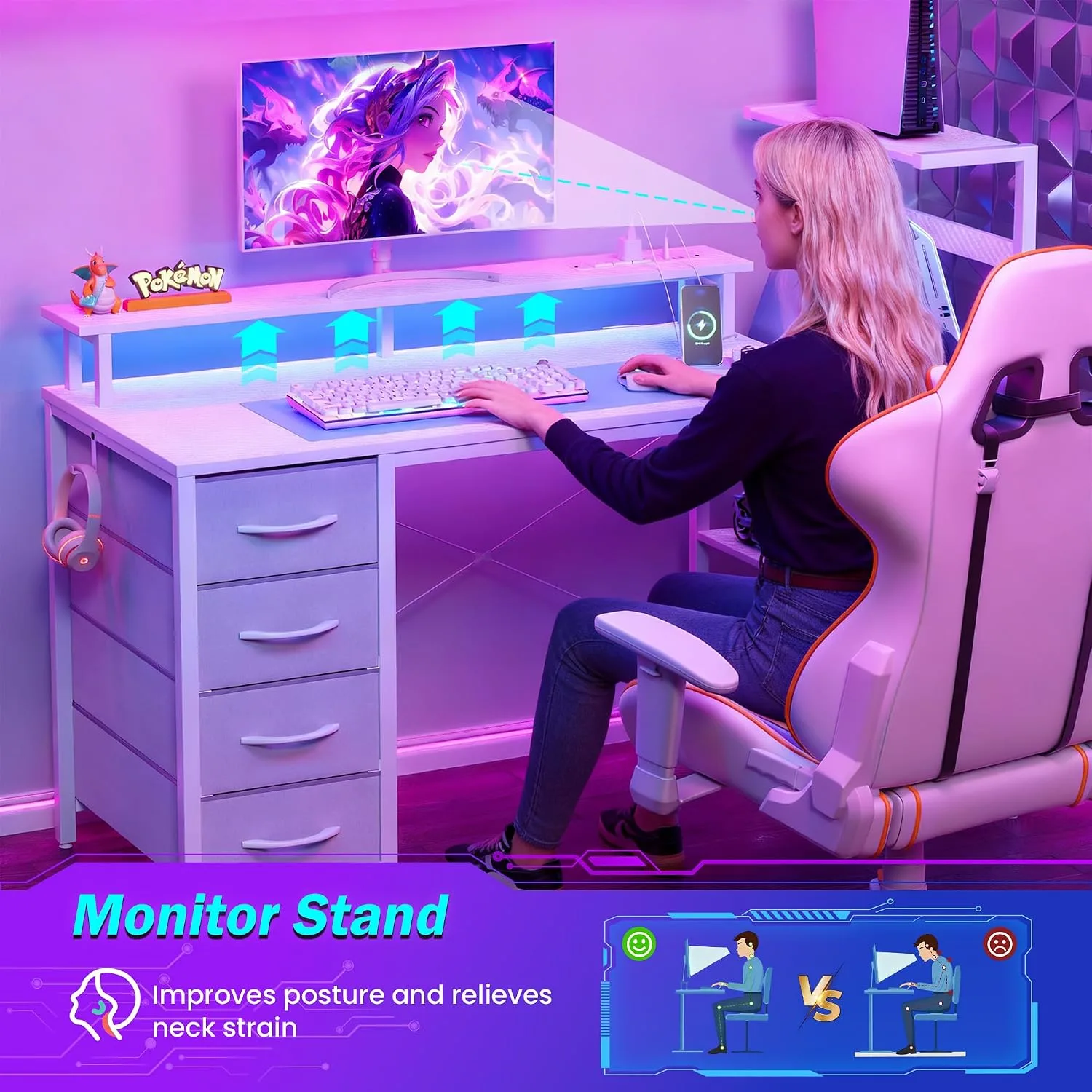 51 Inch Gaming Desk with Drawers & PC Tower Stand & LED Lights, White
