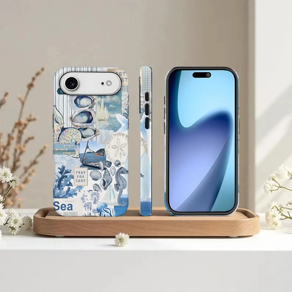Case Compatible with iPhone 17 Air,Fall Prevention Hybrid 2-Layer Hard Shell Phone Cover for Girls Boys,Seashell Ocean Blue Retro Collage