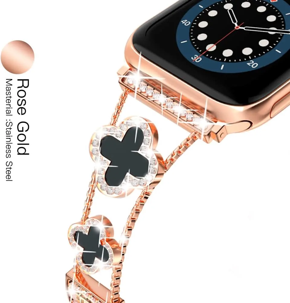 Musk-MSKR Diamond Metal Bands Add Sparkle to Your Watch For Apple Watch Series 12/11/10/9/8/7/6/5/4/3/2/SE/Ultra Clover Simple and Stylish Compatible with 38mm40mm41mm42mm44mm45mm 46mm49mm Women's Wear