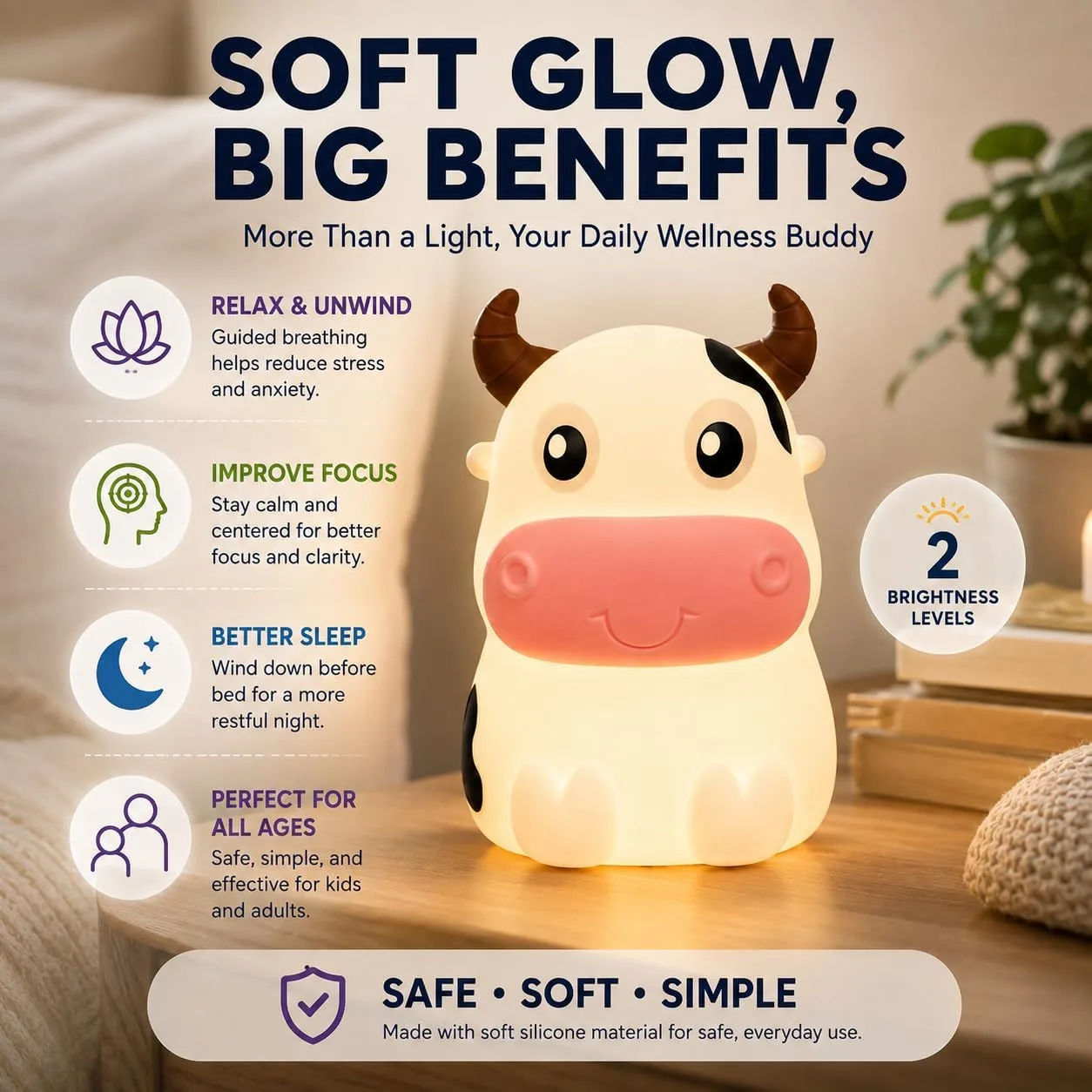 Breathing Loong Guided Visual Breathing Light for Mindfulness Relief | Relaxation Tool | Focus Meditation Device & Calming Night Light | Ideal for All Ages, Home & School Use (Cow)