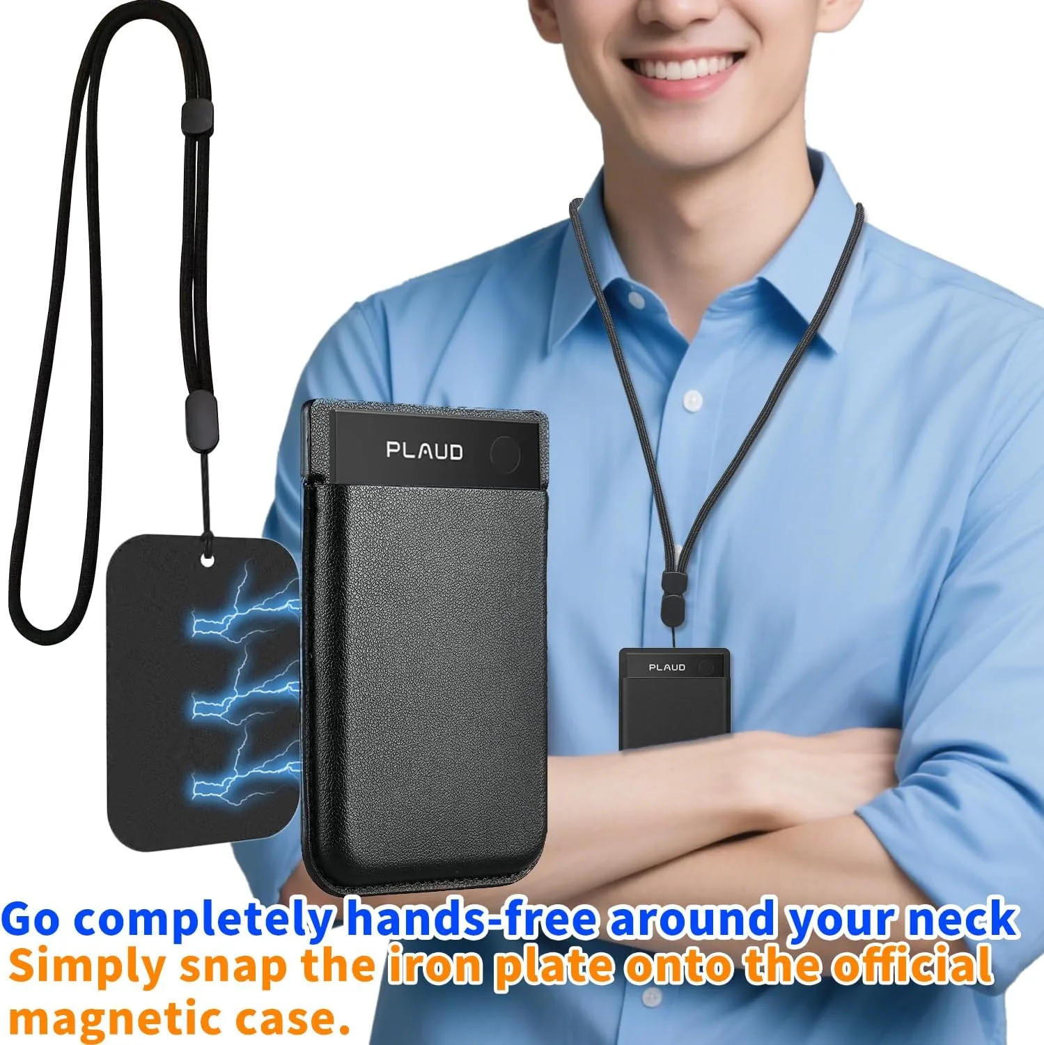 3-in-1 Kit for Plaud Note AI/Pro AI Recorder with Neck/Wrist/Clip, Attaches via Steel Plates to Magnetic Case. Secure Drop-Proof Carry. (Black, Plaud Note AI/Pro AI Recorder)