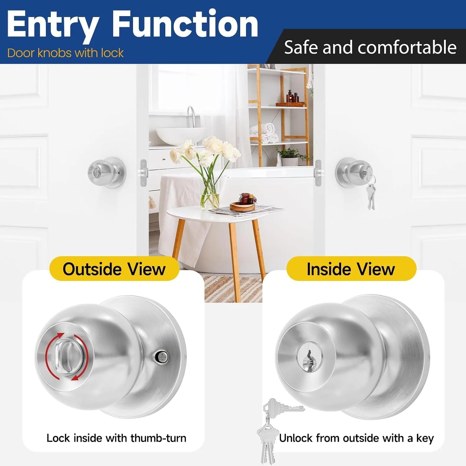 Keyed Entry Door Knob with Lock, Door Lock with Key, Satin Nickel