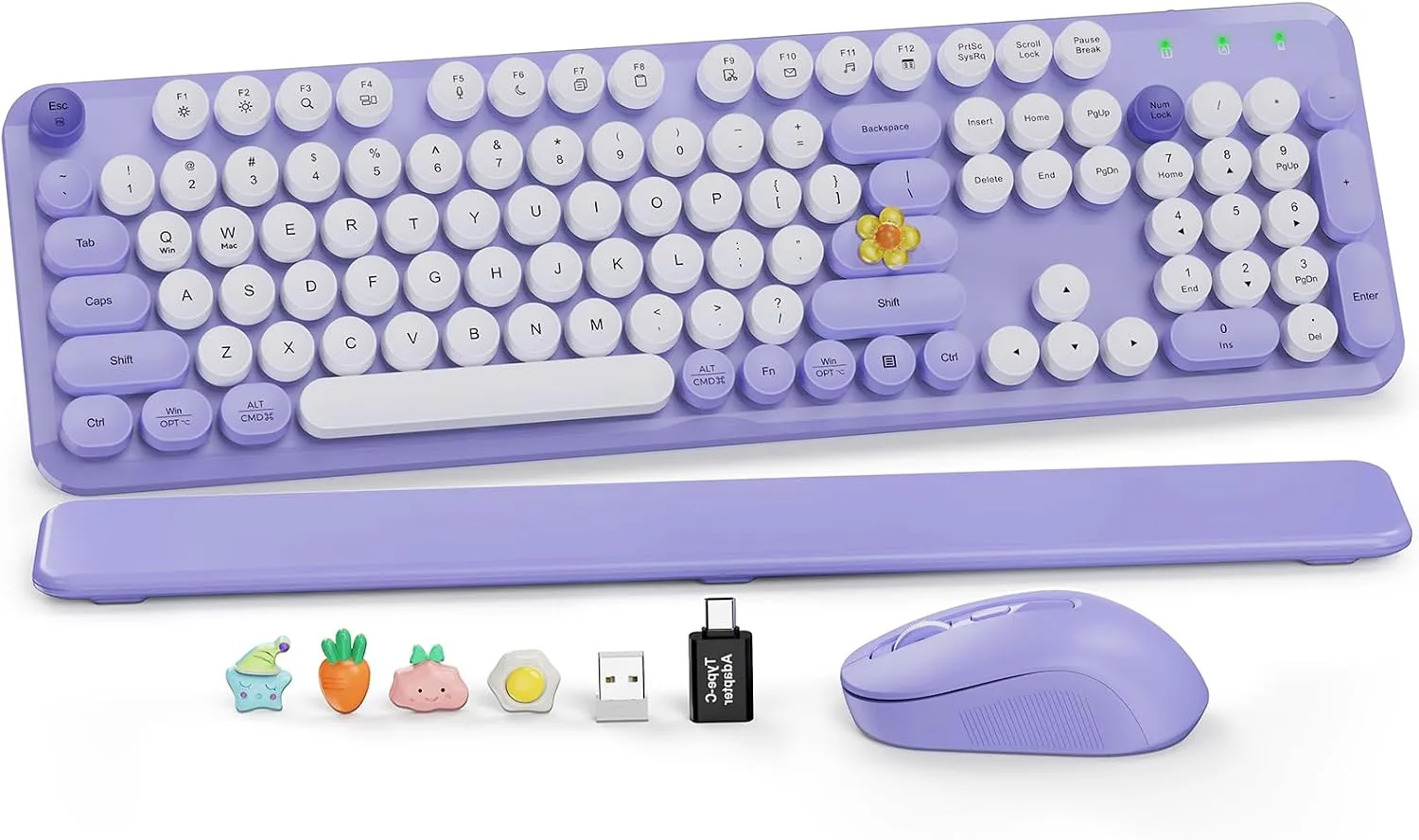 Wireless Keyboard and Mouse, Round Keycaps, Magnetic Wrist Rest, Purple