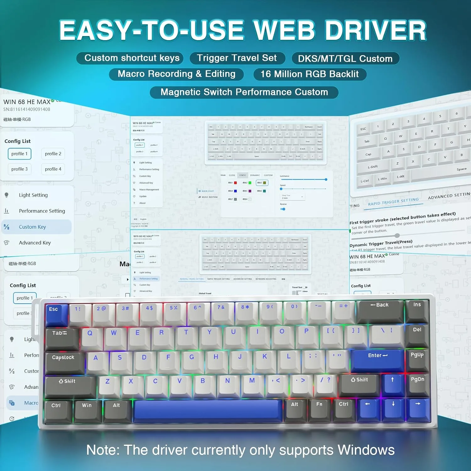 AULA WIN68 HE MAX - Hall Effect Gaming Keyboard with Magnetic Switch, Adjustable Actuation Fast Trigger Mode, 8KHz Polling Rate, RGB Backlit Wired Mechanical Gaming Keyboard 60 Percent Compact Design