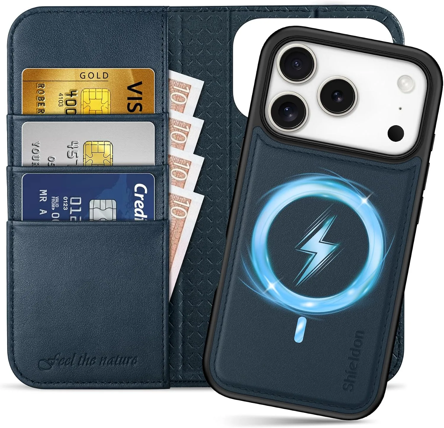 SHIELDON Detachbale Wallet Case for iPhone 18 Pro/17 Pro 6.3", Navy Blue