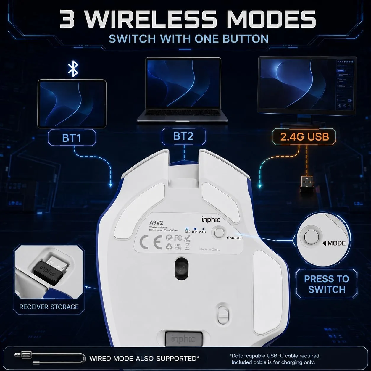 INPHIC A9 Wireless Gaming Mouse, Rechargeable, 12800 DPI