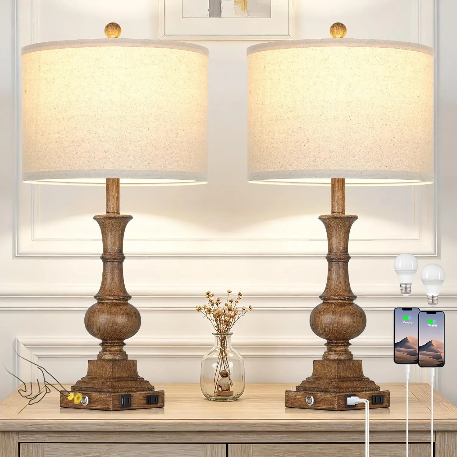 Lolikit 26" Tall Farmhouse Table Lamps Set of 2,Bedside Lamps for Bedroom