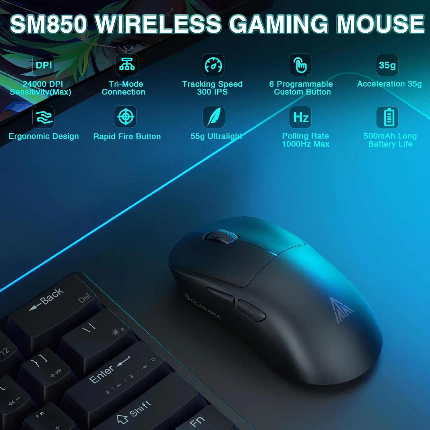 SOLAKAKA SM850 - Wireless Gaming Mouse - Programmable Buttons for Win/Mac