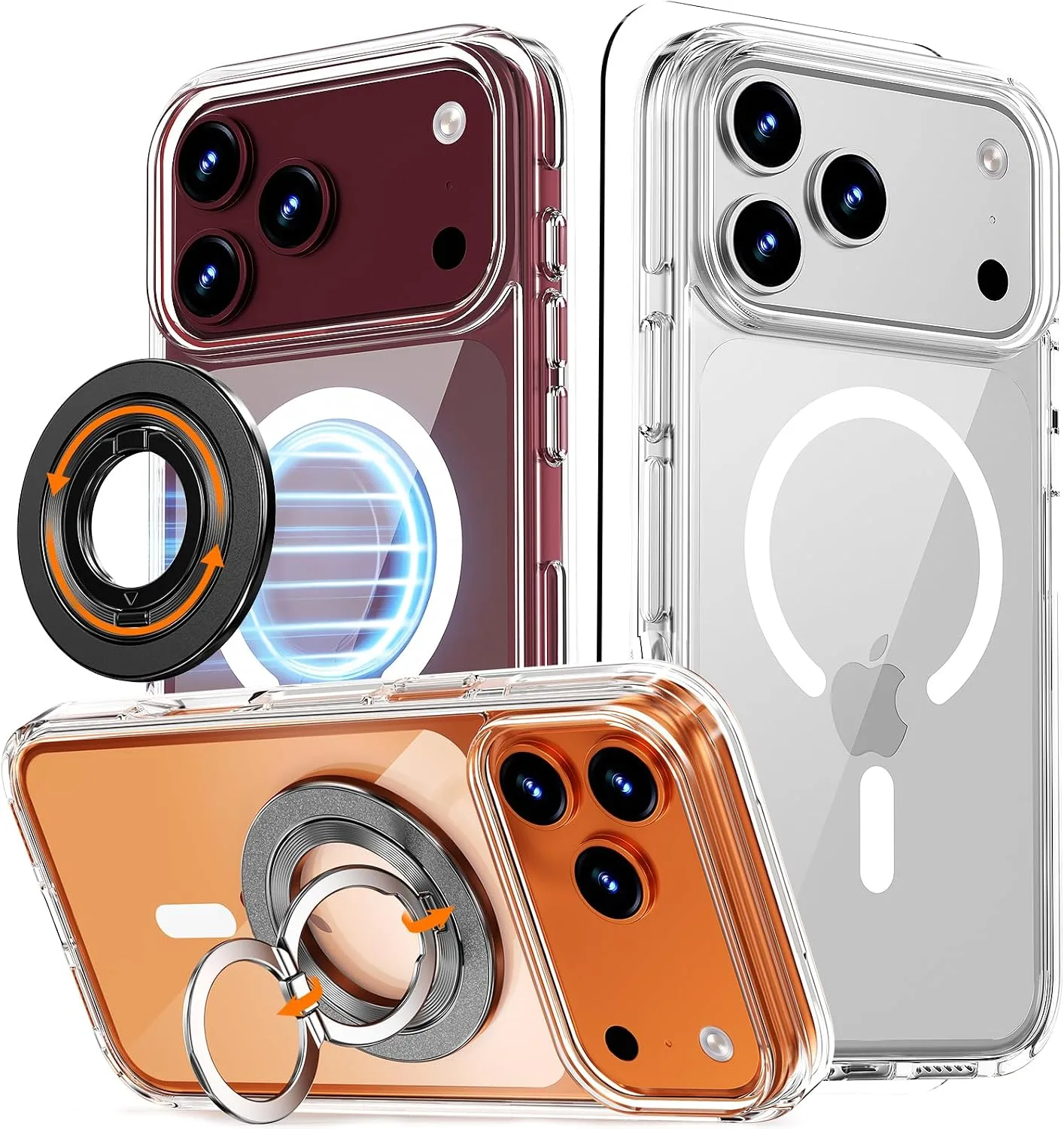 Funda para iPhone 18 Pro Coolqo transparente con soporte magnético giratorio negro 360°