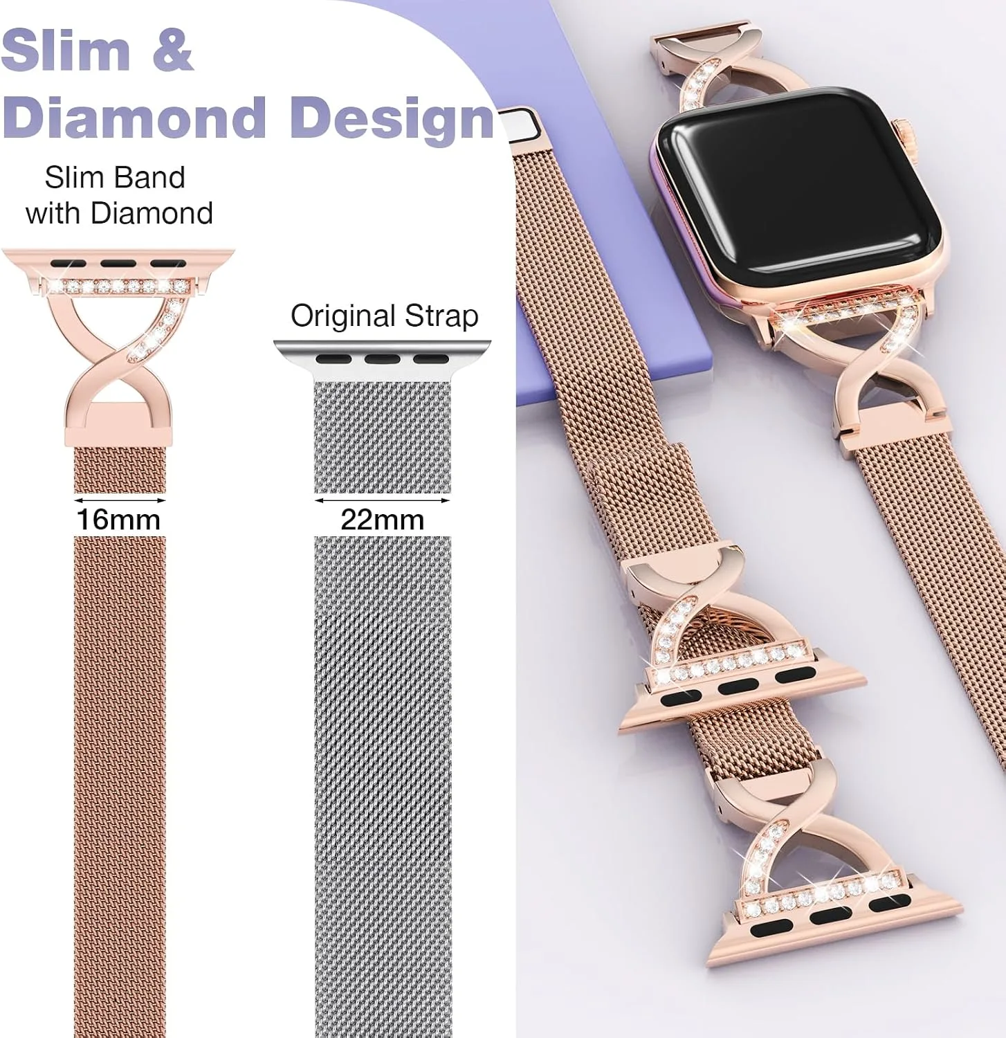 Thin Mesh Loop with X-Shape Clasp Compatible with Apple Watch Bands Women