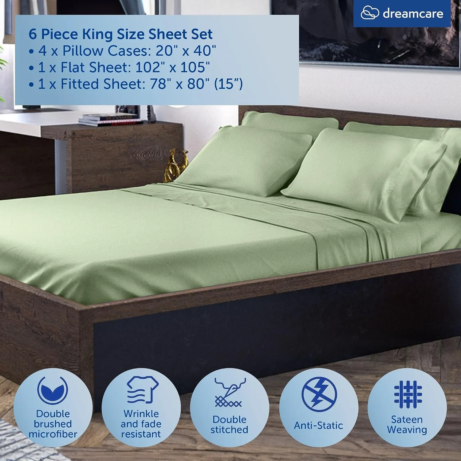DREAMCARE King Size Sheets Set - 6 pcs Breathable Cooling Sheets King Size