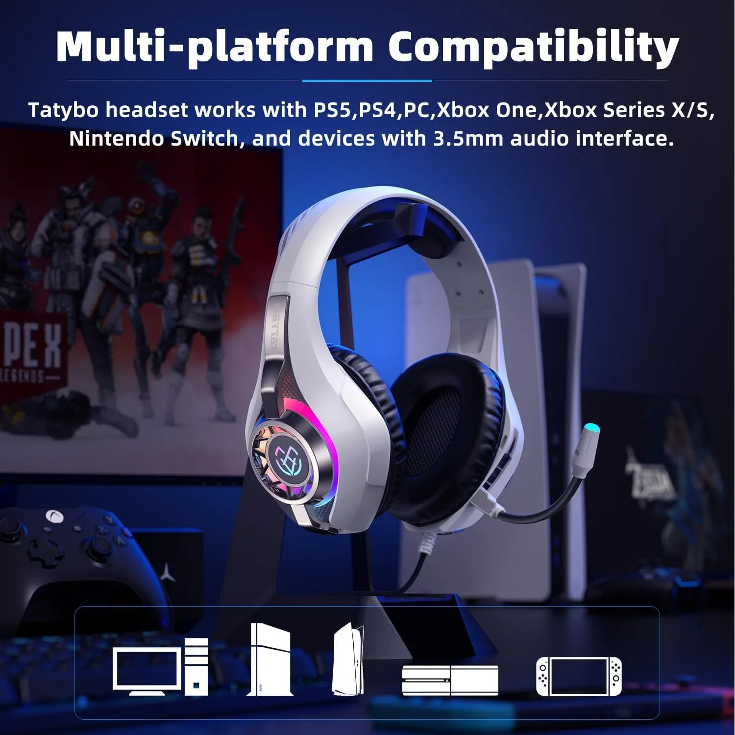 Tatybo Gaming Headset for PS5 PC, Noise Canceling Mic, RGB, White
