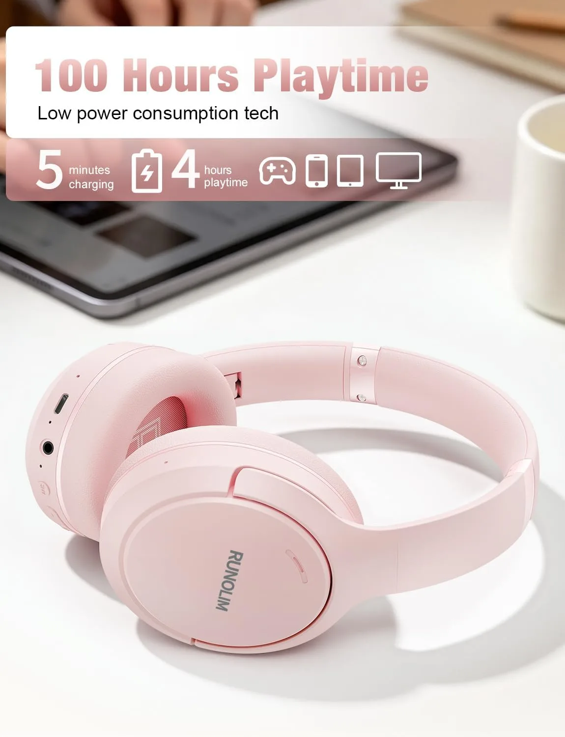 RUNOLIM Active Noise Cancelling Headphones, Wireless Bluetooth Over Ear