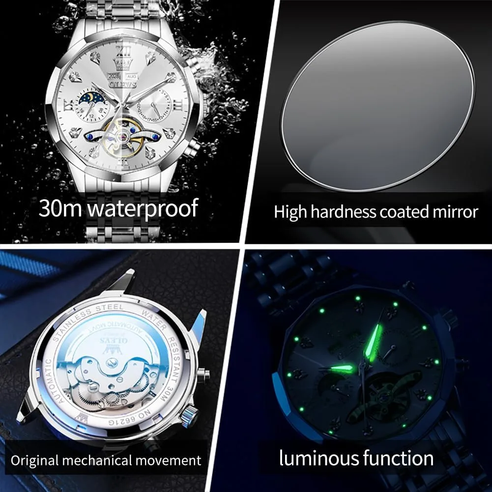 OLEVS Skeleton Men Watches Automatic Business Luxury Diamond Self Winding Watch for Men Stainless Steel Calendar Wrist Watch