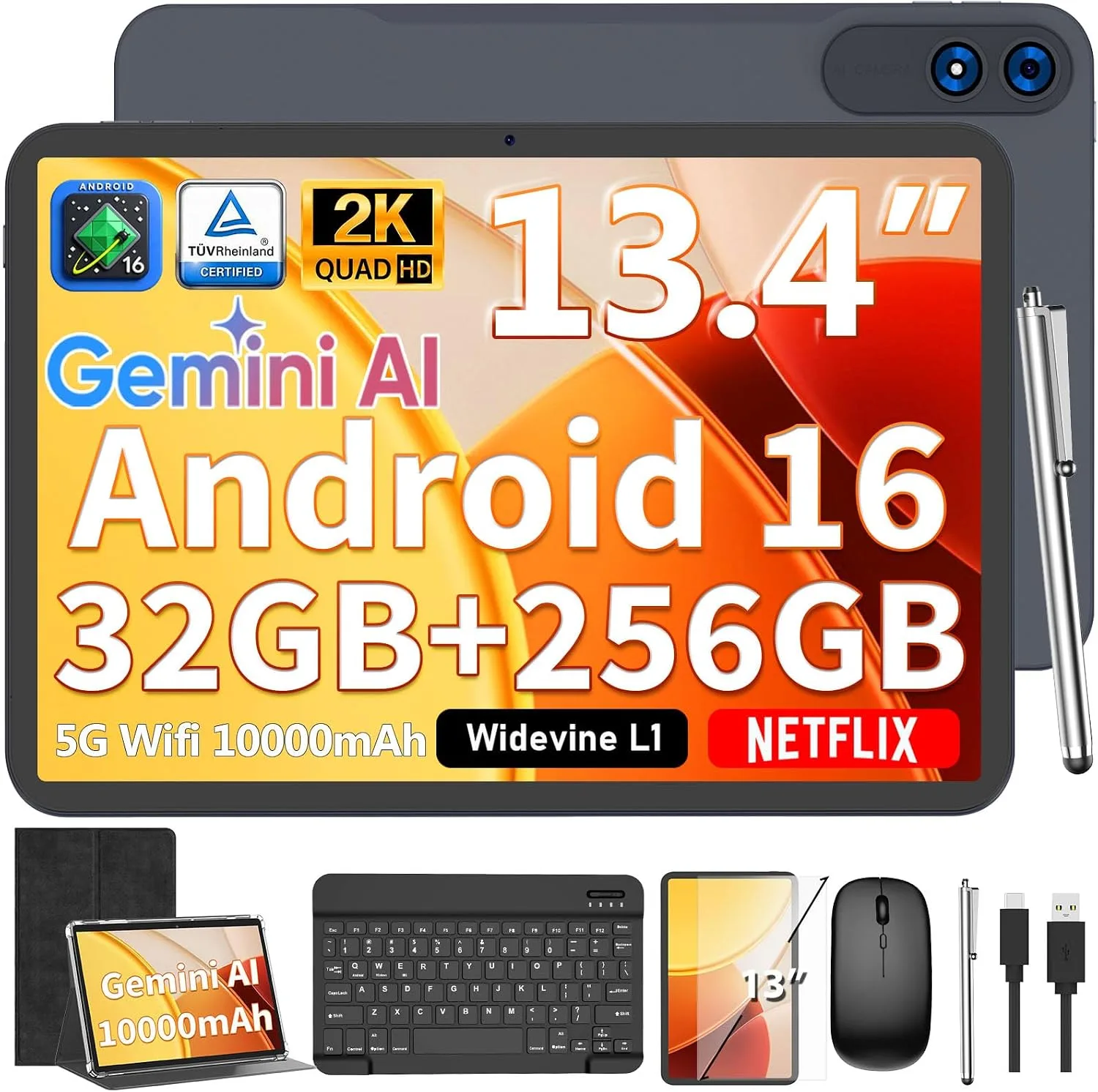 13 inch Tablet with Keyboard - 2026 Gemini AI Android 16 Tablet,Black Case