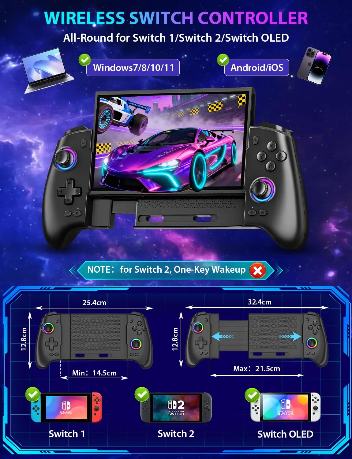 Wireless Switch Controller for Nintendo Switch, Switch OLED, Switch 2 Console, Rechargeable Pro Controller with LED Lighting, Turbo, Motion Control, Stretchable Switch Handheld Joypad, Ergonomic Grip