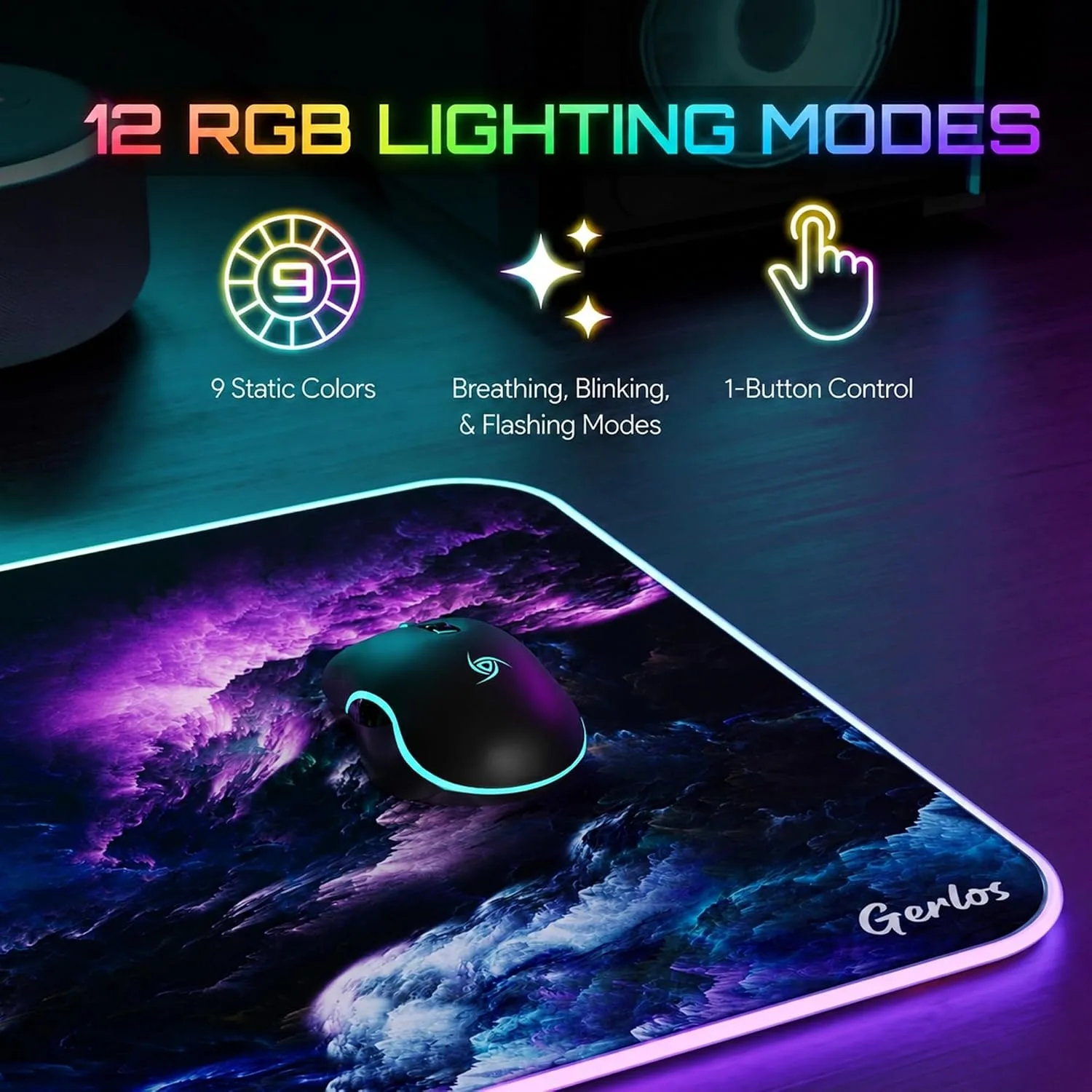 Gerlos RGB Gaming Mouse Pad, Large LED Mouse Pad for Gamer, 31.5" x 11.8"