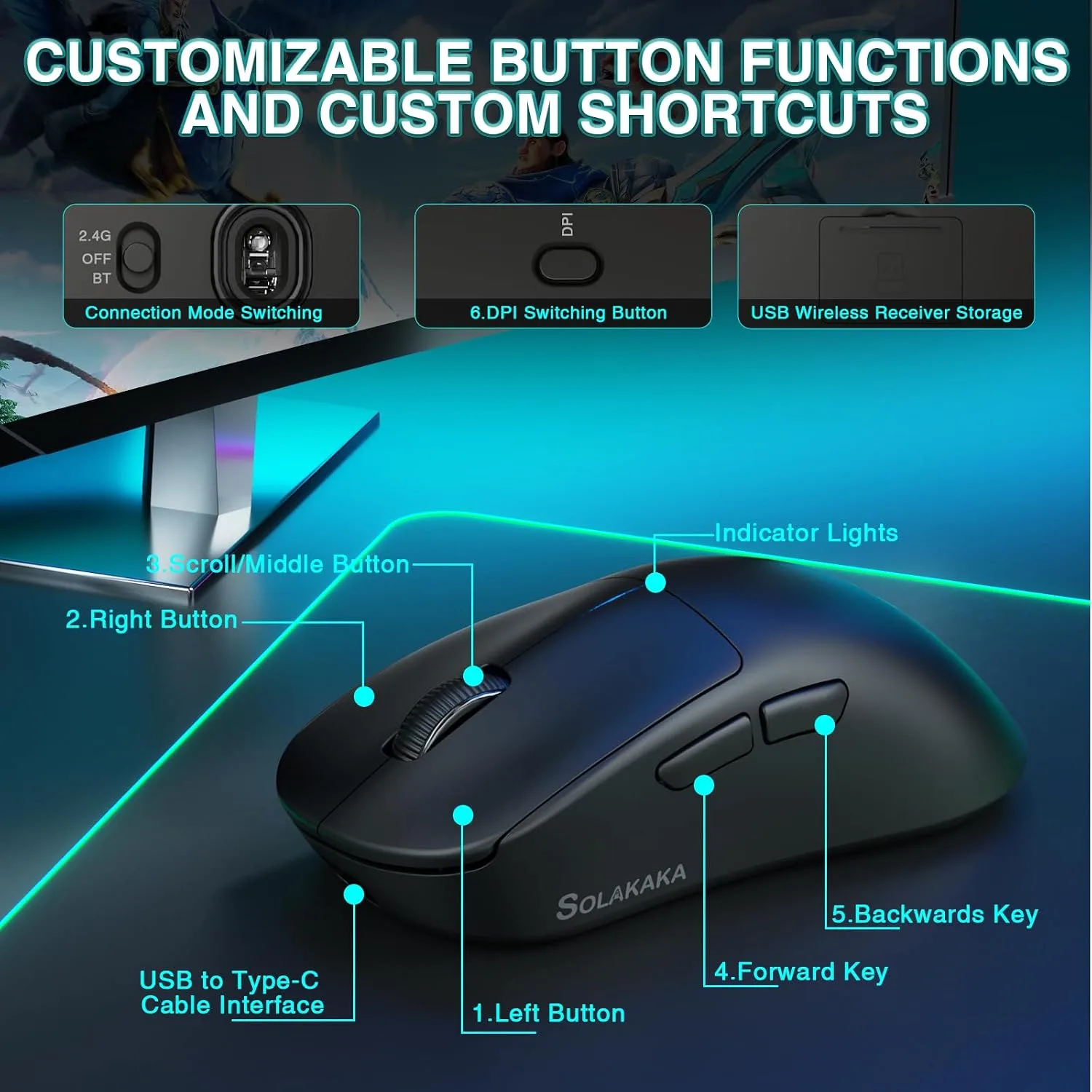SOLAKAKA SM850 - Wireless Gaming Mouse - Programmable Buttons for Win/Mac