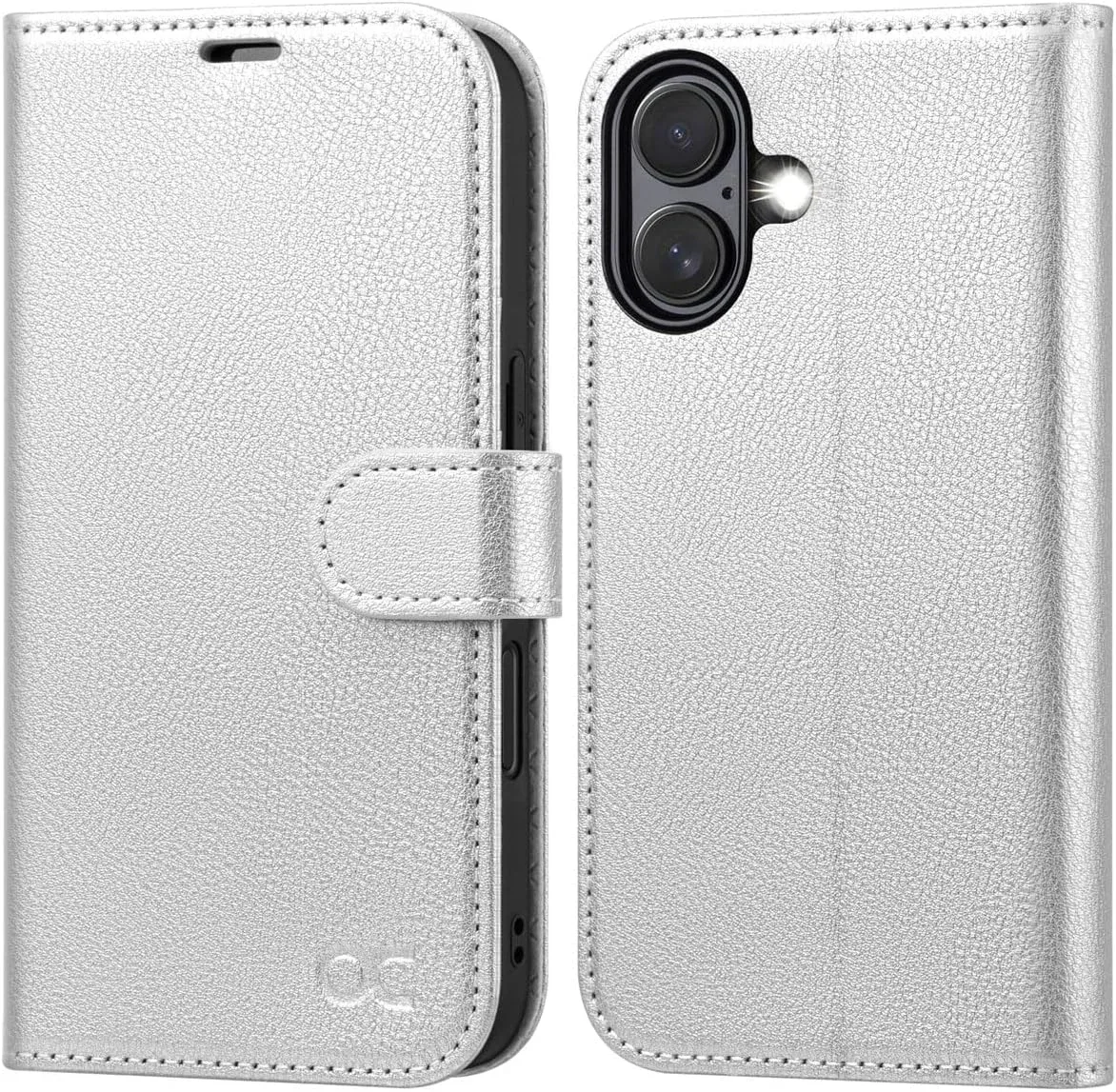 OCASE for iPhone 16 Wallet Case, Card Holder, Silvery