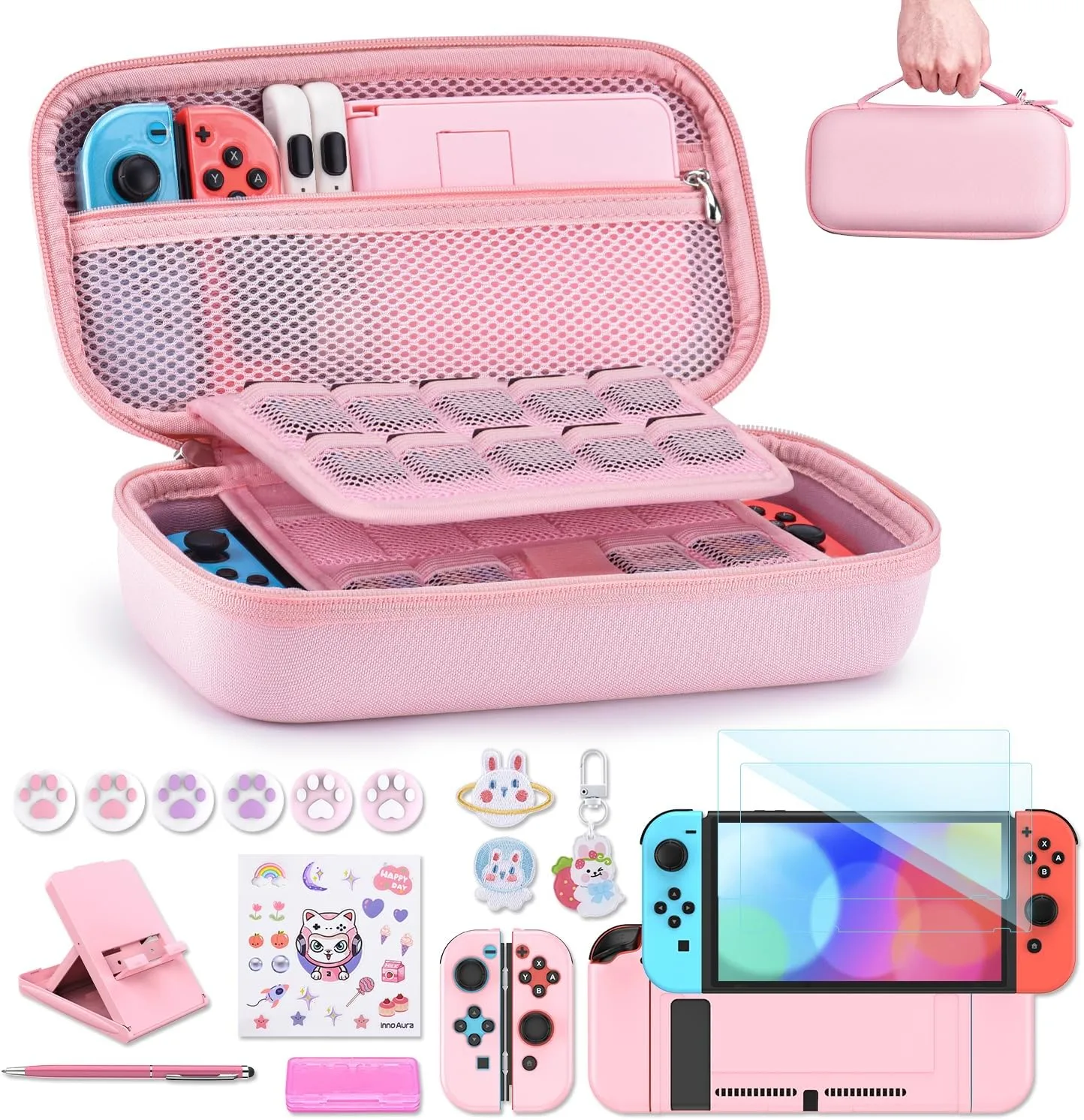 innoAura Switch Case 19-in-1 Bundle for NS Switch (2017), with Carrying Case, Game Organizer, Screen Protector, Stand and Thumb Grips, Pink