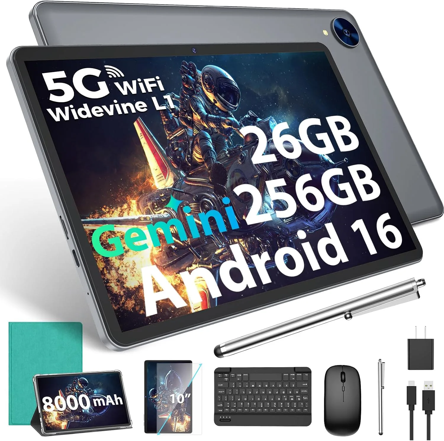 Android 16 Tablet with Keyboard, 10 inch Tablet with 26GB+256GB+2TB Expand