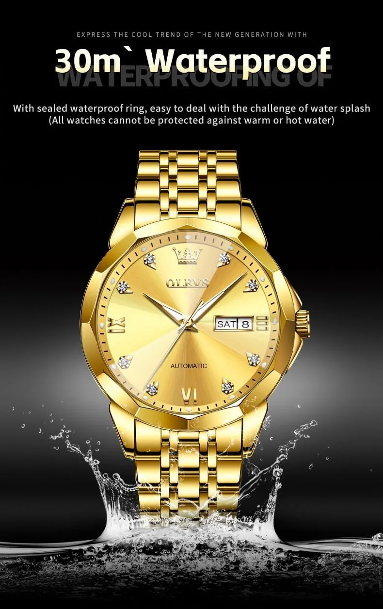 OLEVS Skeleton Men Watches Automatic Business Luxury Diamond Self Winding Watch for Men Stainless Steel Calendar Wrist Watch