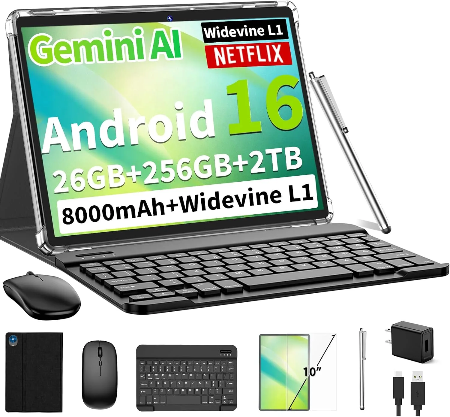 Android 16 Tablet with Keyboard - 26GB+256GB+2TB, Octa-Core(Black Case)