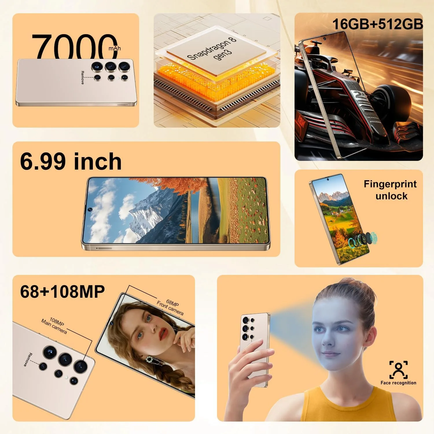 OEJBK I25 Ultra: Powerhouse 16GB/512GB, 2-Day 7000mAh Battery, Huge 6.99" Android 14 Phone w/Built-in Stylus - Your All-in-One Device The Superior Choice (Desert Titanium)