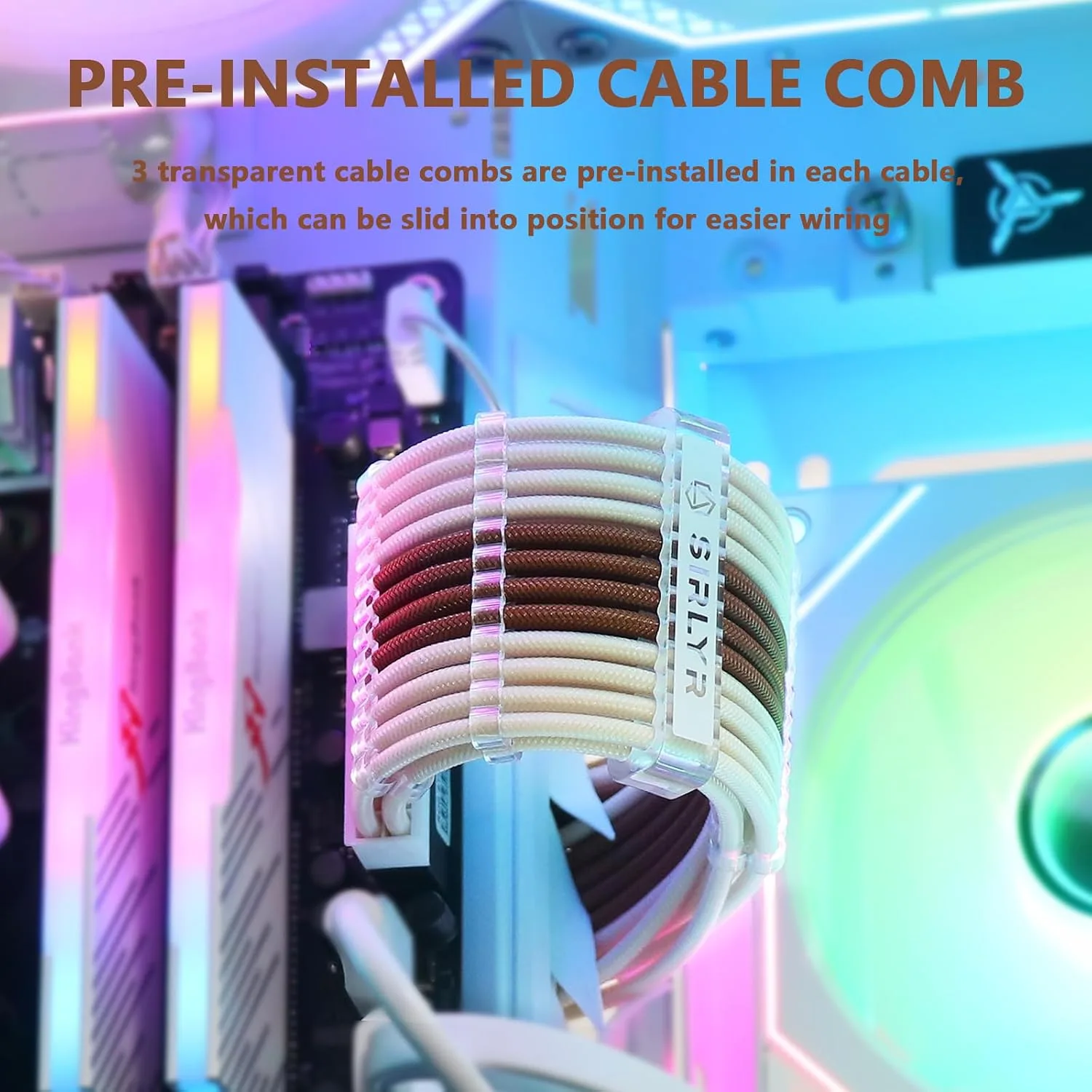 Sirlyr PSU Cable Extension,Customed Pre-Bend PC Power Supply Cable,1x 24 Pin ATX / 1x 8 (4+4) Pin EPS/Longer 2X 8 (6+2) Gold-Plated Pin Pcie,Nylon Sleeved Brown Beige,4 Kits