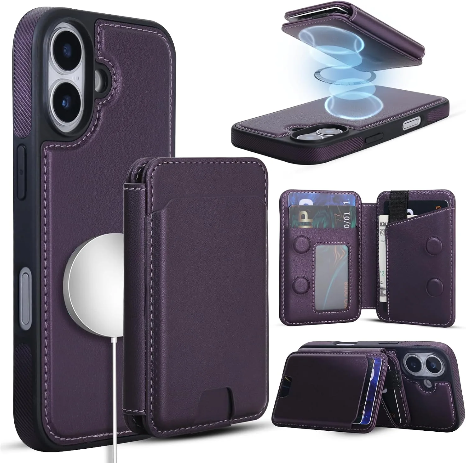 Magnetic Detachable Wallet Case for iPhone 16 with Kickstand,2-in-1 MagSafe Compatible RFID Blocking Card Holder,Slim PU Leather Cover Purple