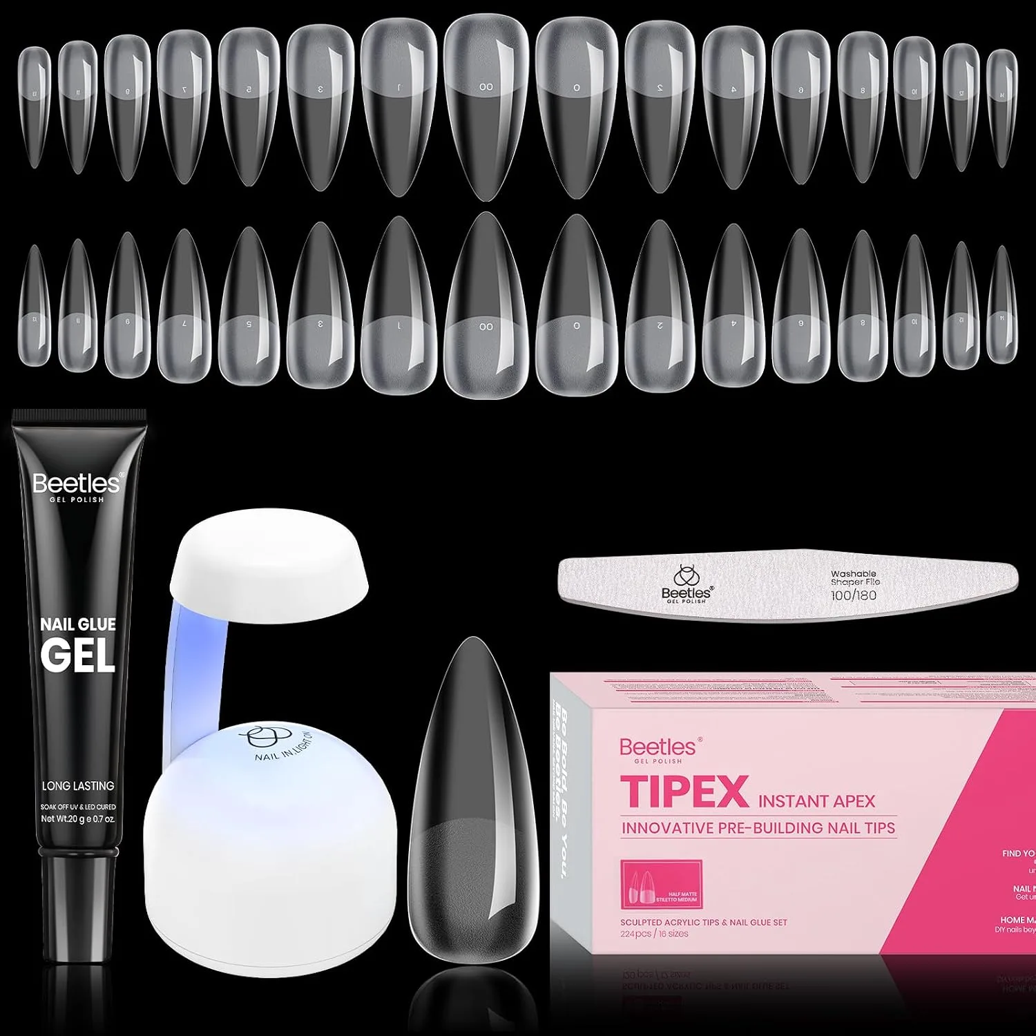 Kit de Tips para Uñas Beetles Tipex Apex Medium Stiletto 224 piezas 16 tamaños