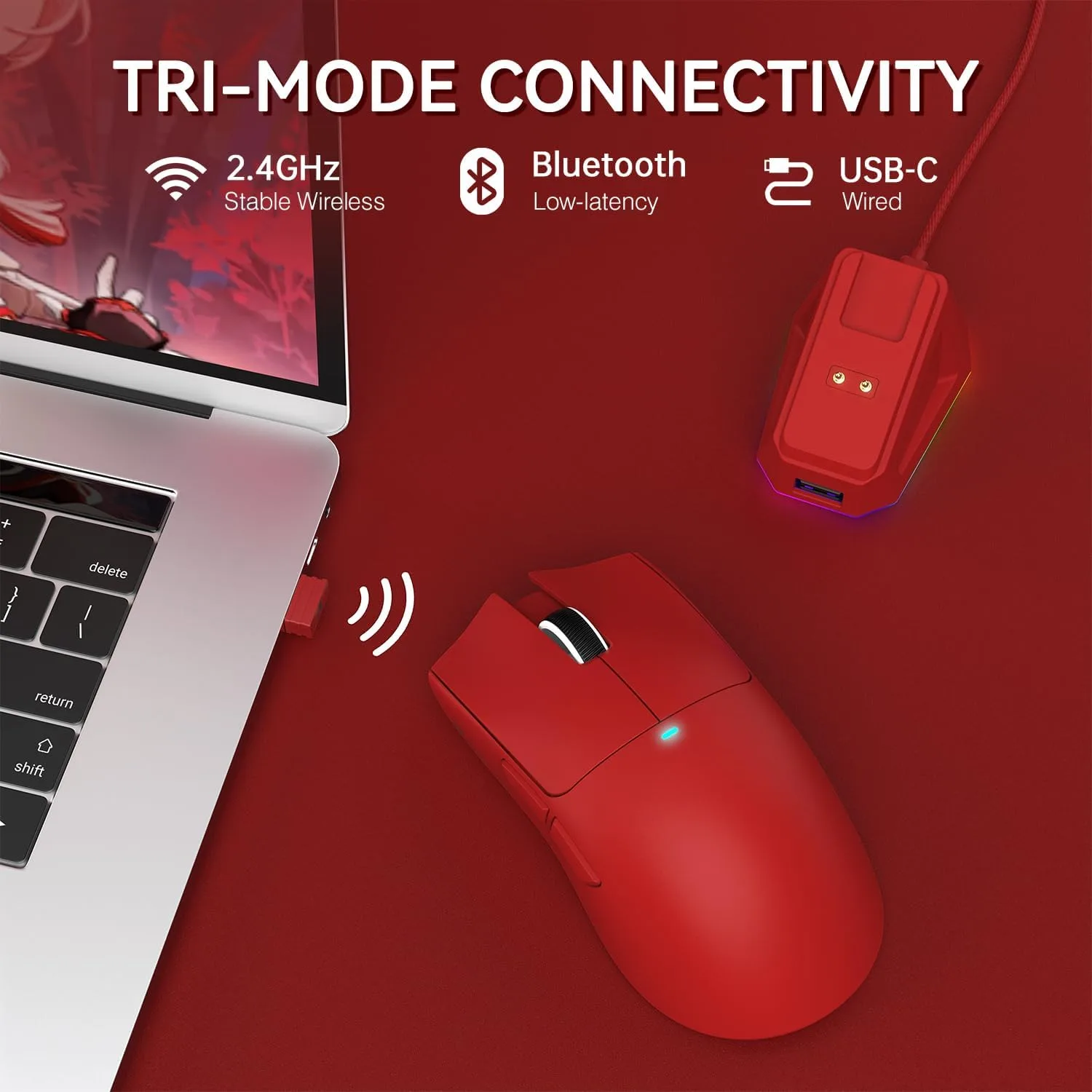ATTACK SHARK X11 Wireless Gaming Mouse, PAW3311 Sensor, Lightweight, RGB Charging Dock, 22,000 DPI, Tri-Mode Connectivity, 5 Programmable Buttons - Red