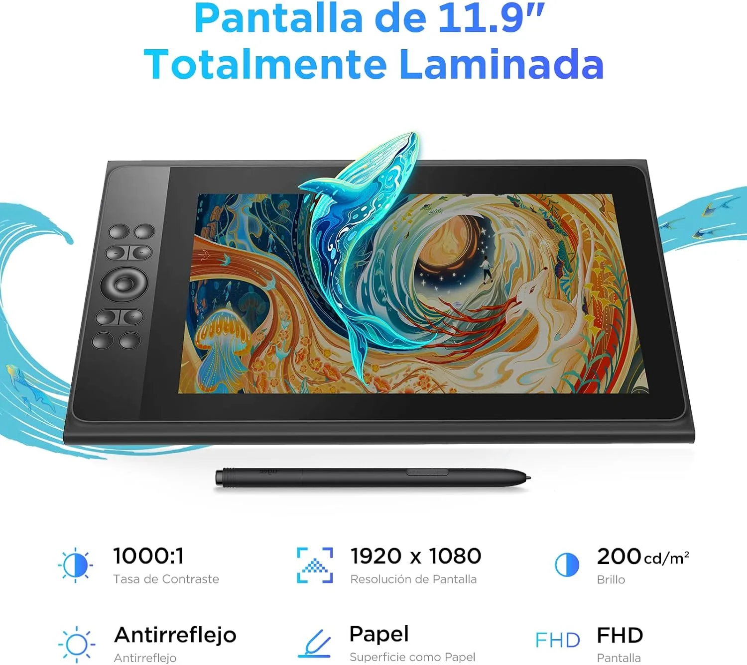 Graphics Tablet with Screen UGEE UE12 Plus 11.9 Inch, Pen Display with Full-Laminated Screen 147% RGB Colour Gamut, Drawing Monitor with Scroll Wheel and 8 Shortcut Keys for Windows/Mac/Android